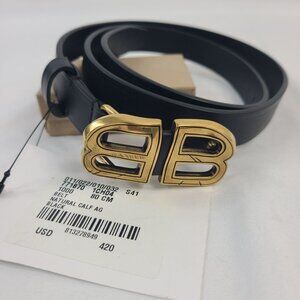 NWT Balenciaga Black Leather Belt With Gold BB Logo Buckle Made In Italy